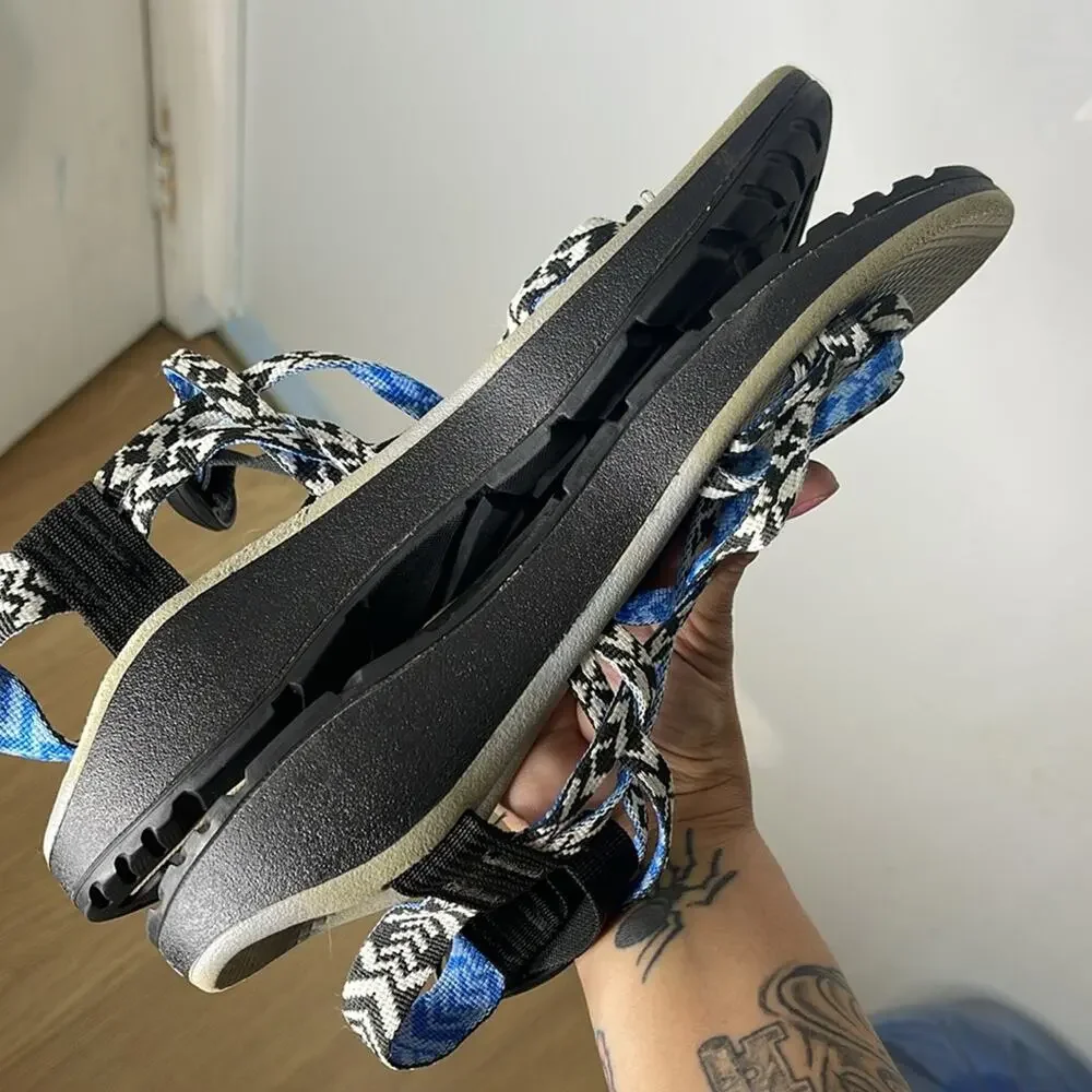 CHACO Black and White Blue Detail Patterned Strappy Sandals Size 10